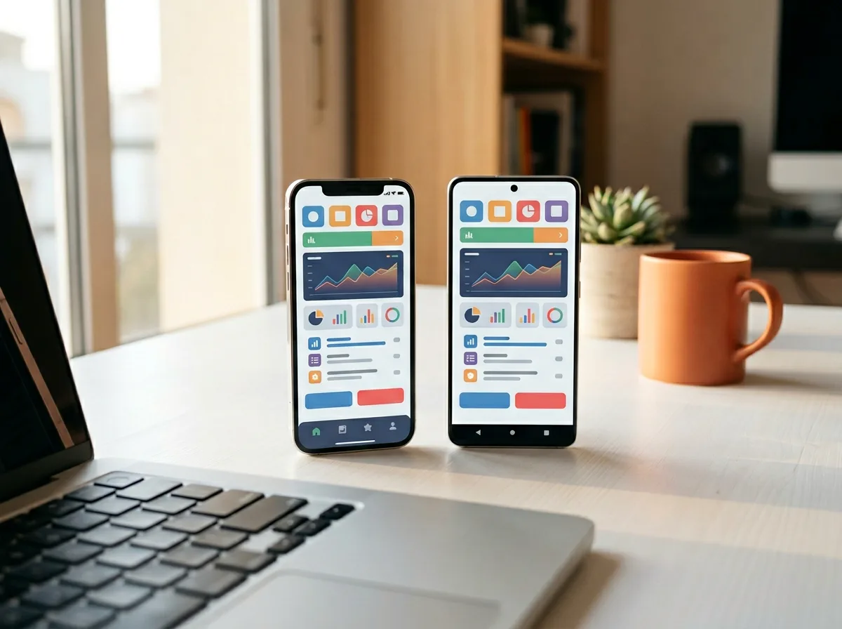 Cross-platform mobile development workspace with iPhone and Android phone visible alongside React Native and Flutter code on monitor