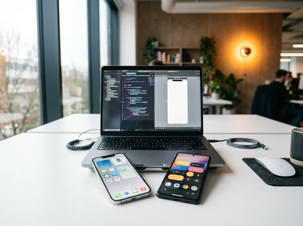 Mobile developer staffing agency workspace with iPhone and Android phone on desk, KORE1 mobile developer staffing