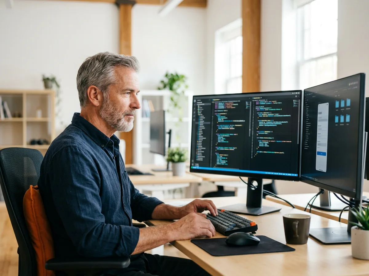 Senior mobile developer reviewing Swift and Kotlin code on dual monitors, KORE1 mobile developer staffing