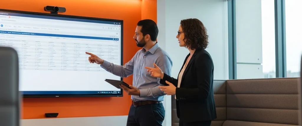 Procurement leader and workforce program manager reviewing a contingent workforce dashboard in a modern enterprise office