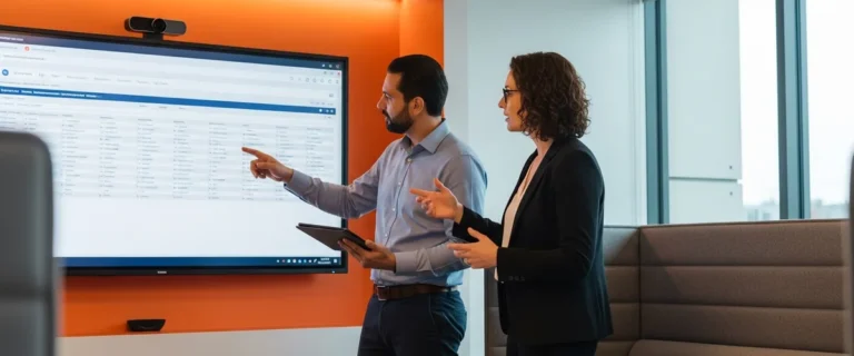 Procurement leader and workforce program manager reviewing a contingent workforce dashboard in a modern enterprise office