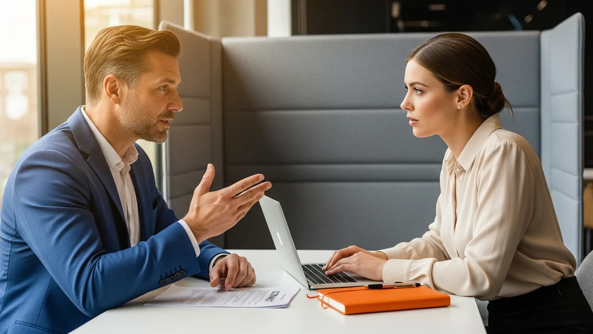 Hiring manager and KORE1 recruiter reviewing managed service provider contract terms with paperwork and a laptop