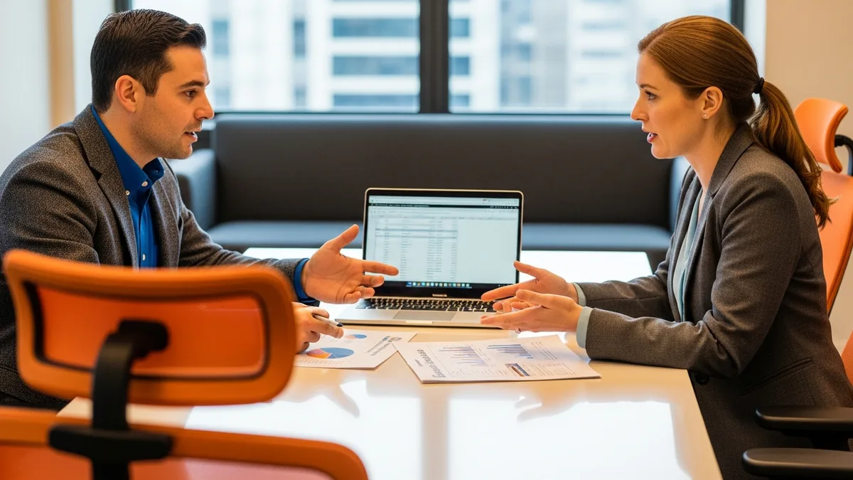 MSP program manager and procurement lead reviewing a supplier panel report at a meeting room table