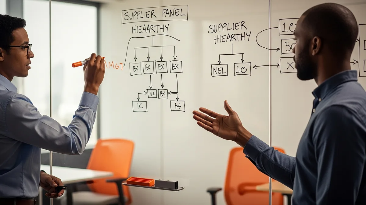 Two staffing supply chain leads mapping an MSP supplier panel hierarchy on a glass whiteboard