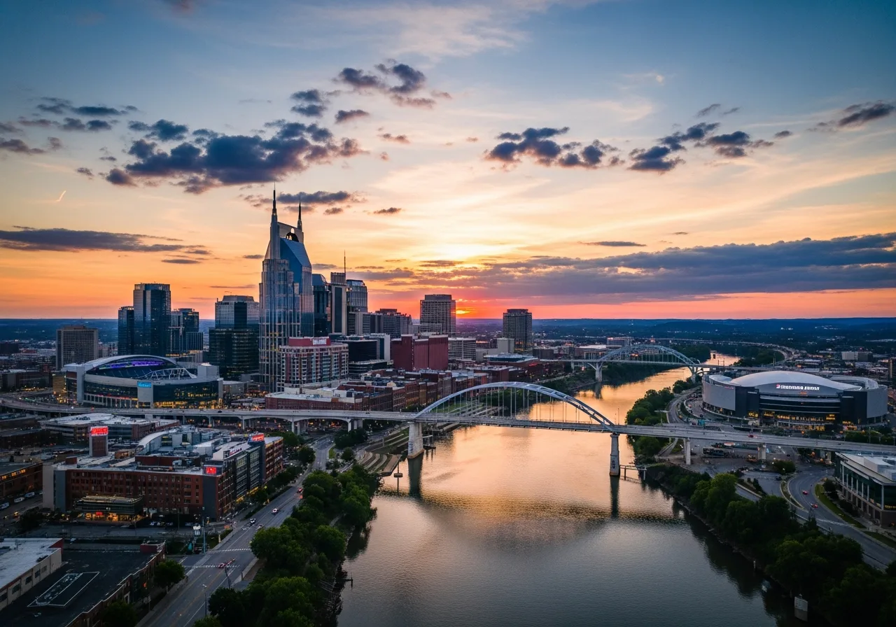 Aerial view of Nashville skyline with Cumberland River and downtown business district at sunset