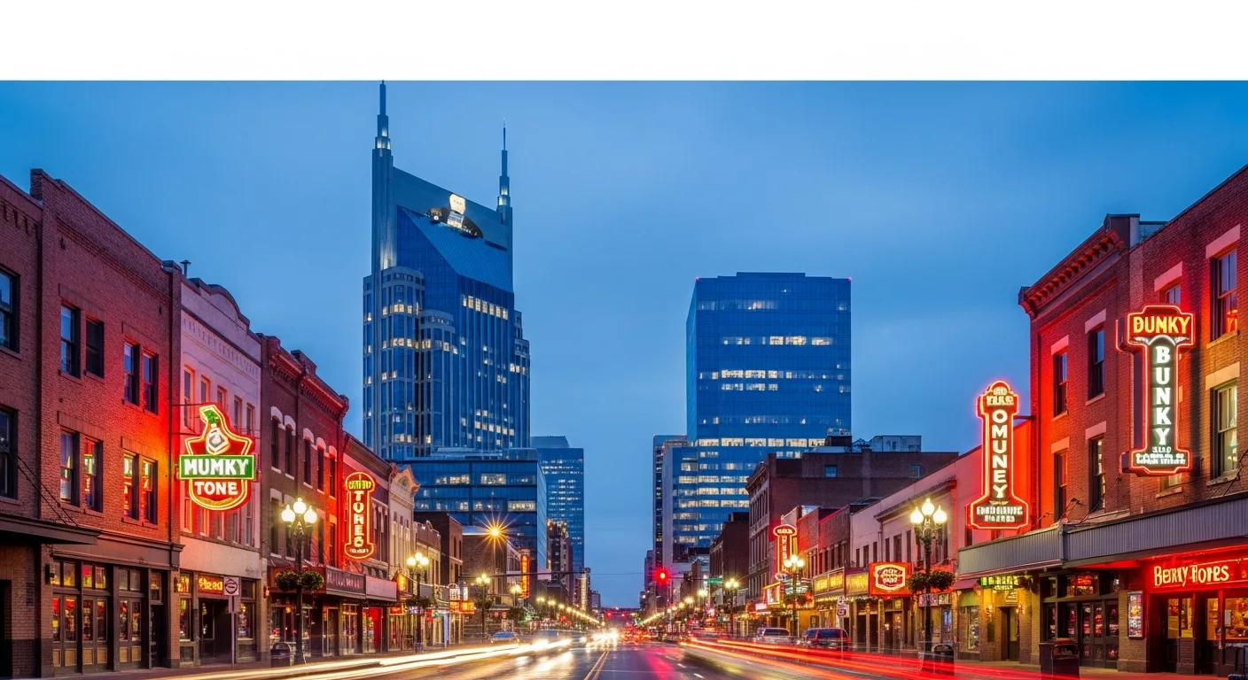Panoramic view of Nashville Broadway district with modern office towers in background at dusk