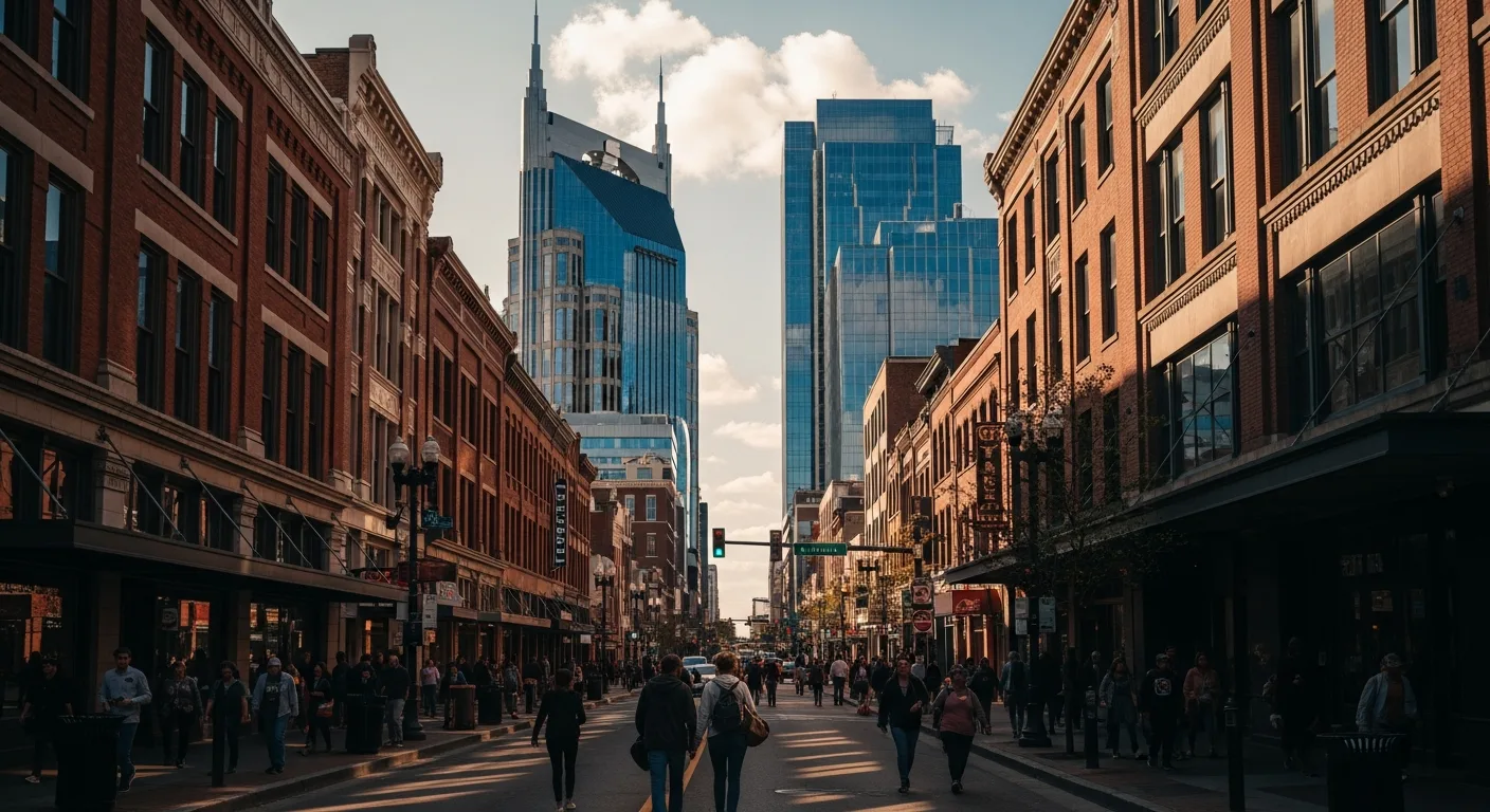 Nashville Broadway street view with modern office towers and historic buildings blending together