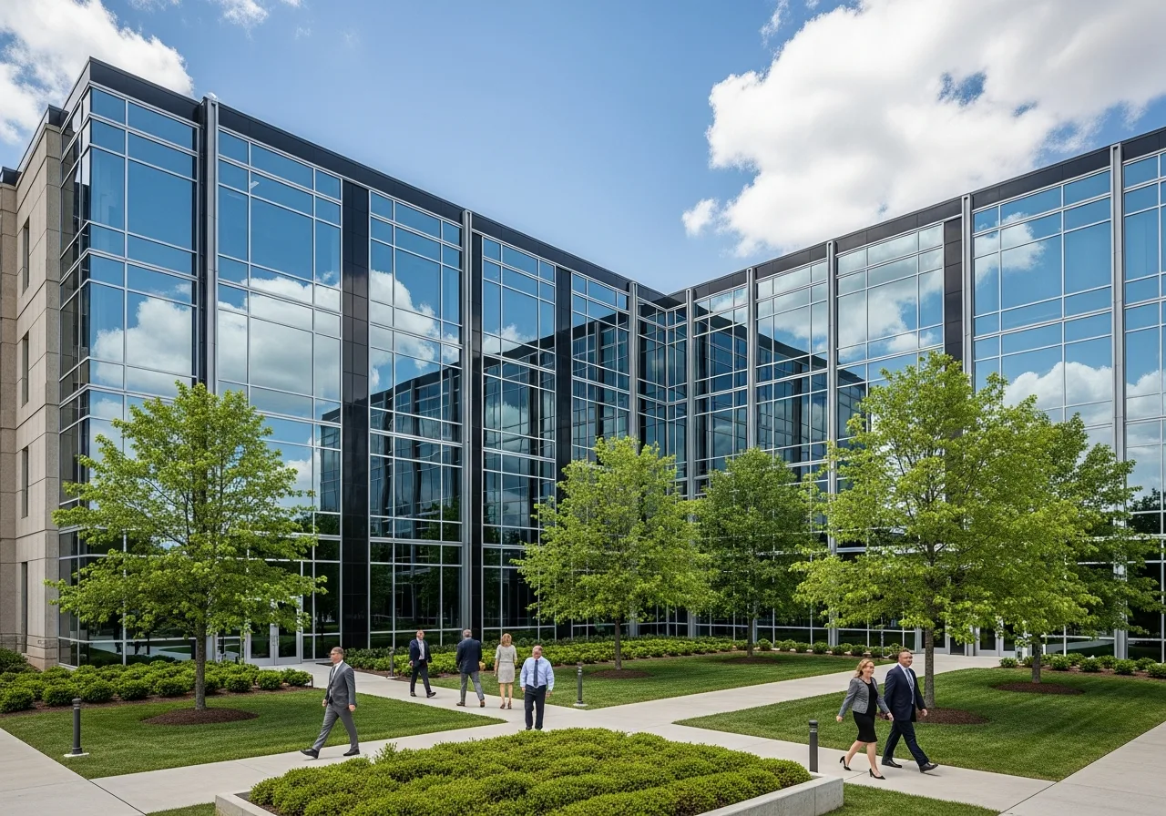 Modern Nashville office building exterior with professionals walking through landscaped courtyard during daytime