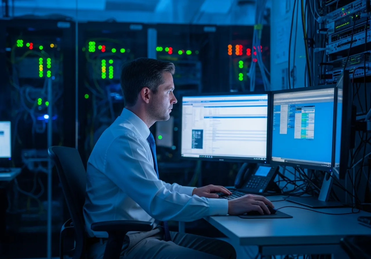 Healthcare IT professional reviewing electronic health records system on dual monitors in hospital IT operations center