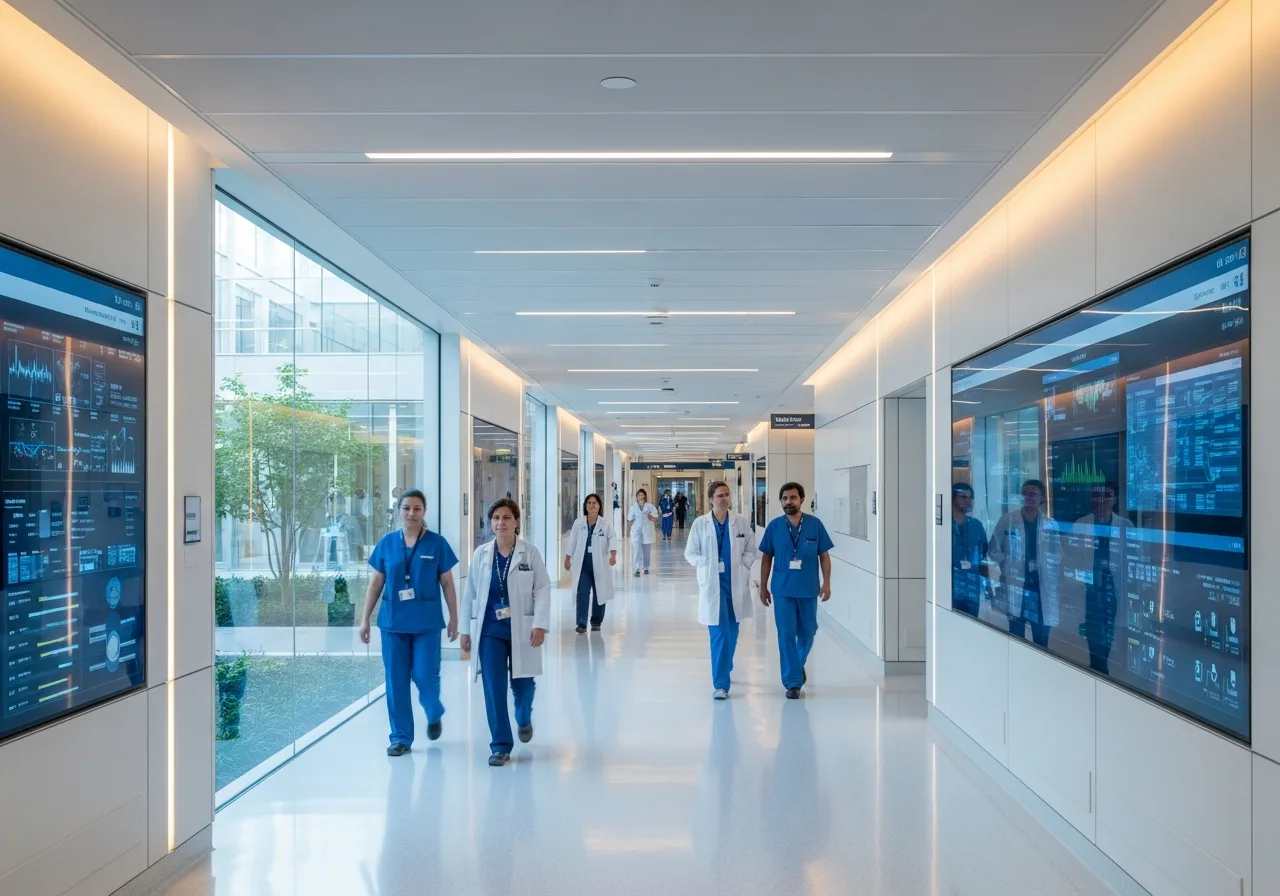 Modern hospital corridor with healthcare workers and digital information displays showing patient data systems