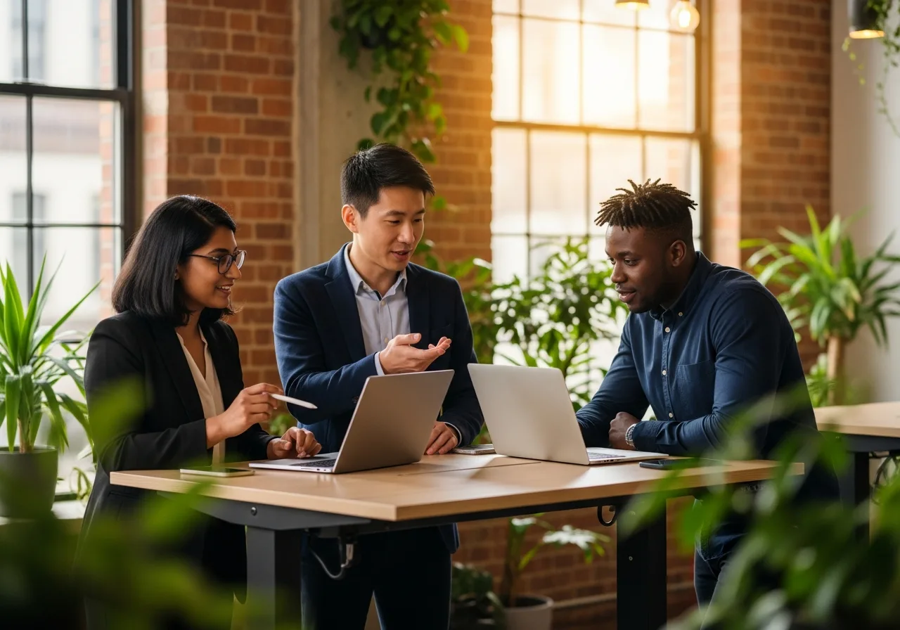 IT professionals collaborating in a modern Nashville coworking space with exposed brick and large windows