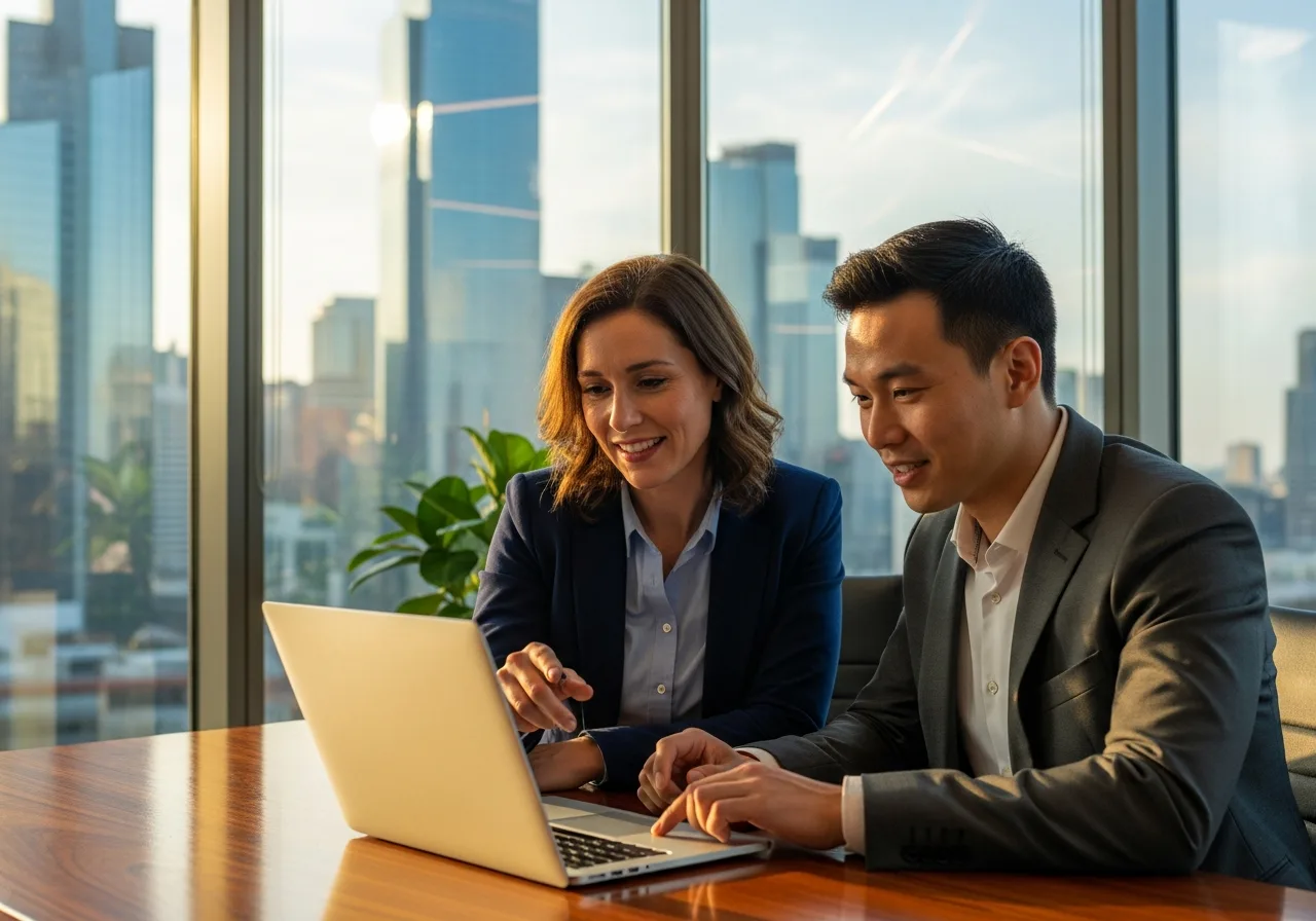 Recruiter and hiring manager reviewing candidate profiles together in modern Nashville office with city views