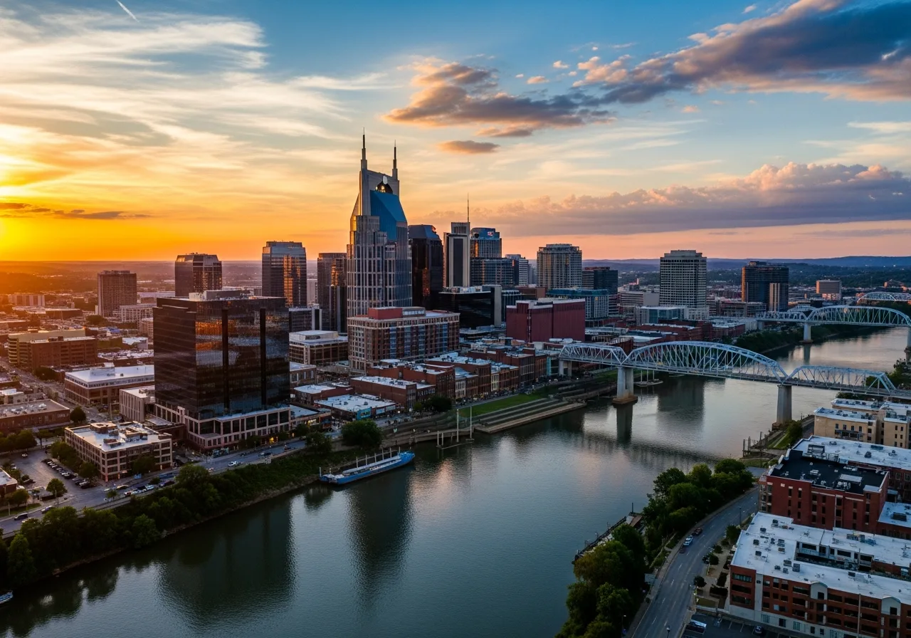 Nashville downtown skyline with modern office buildings and riverfront at golden hour