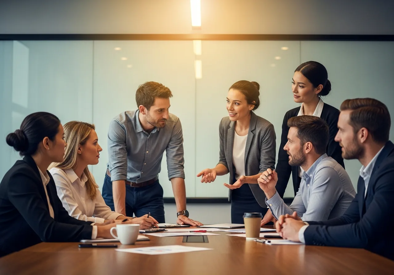 Diverse group of professionals in a Nashville conference room during a staffing consultation meeting