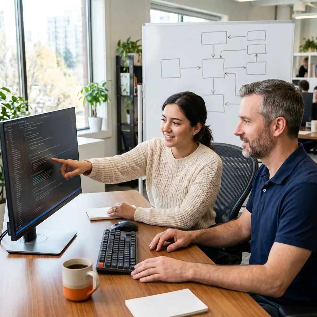 Senior .NET engineer pair-programming on ASP.NET Core API with architecture diagram on whiteboard