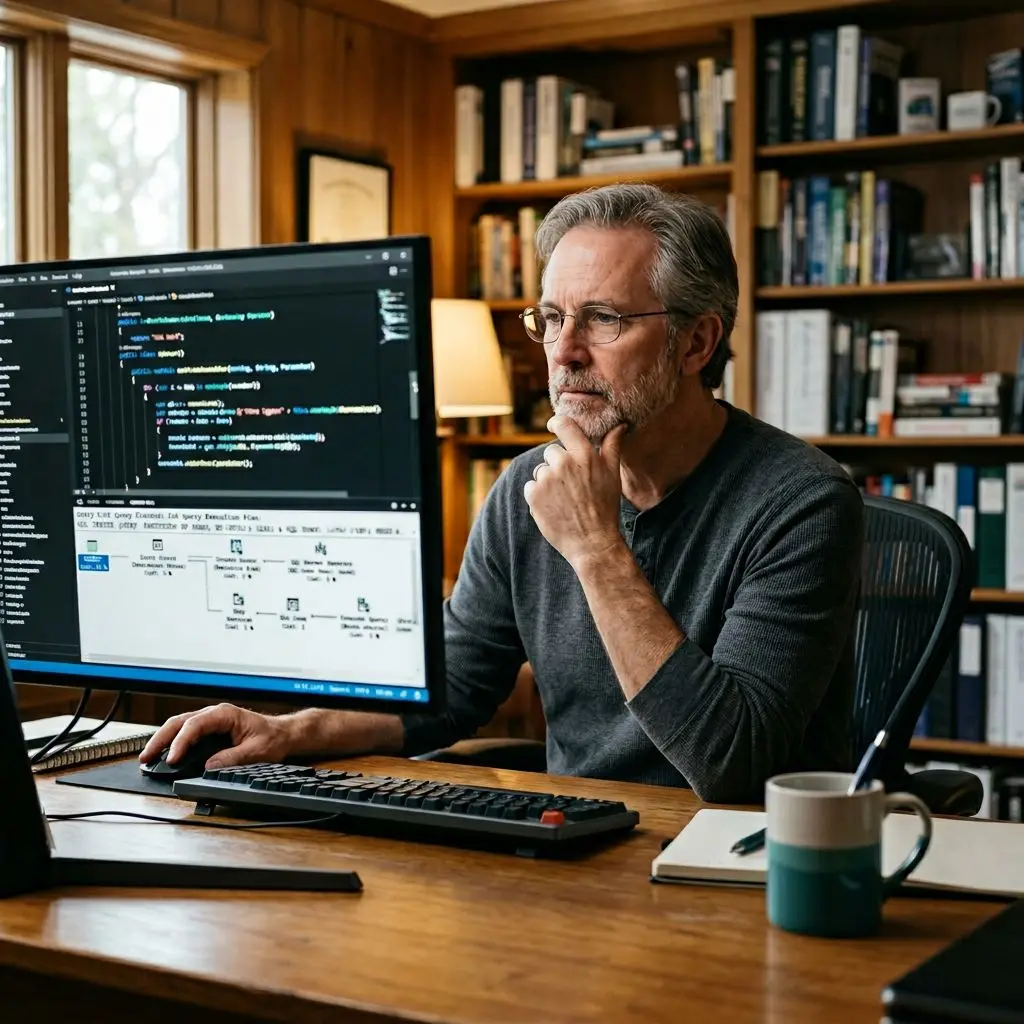 Senior .NET developer reviewing legacy ASP.NET Framework code and SQL Server query plan on monitor