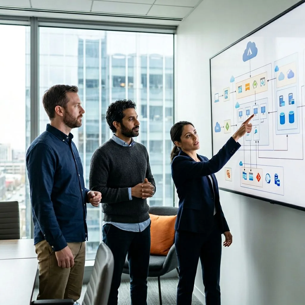 .NET engineering team reviewing Azure architecture diagram and ASP.NET Core service metrics on wall display