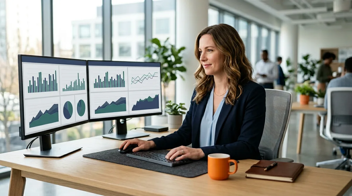 NetSuite consultant reviewing a SuiteAnalytics financial dashboard and saved search on widescreen monitors in a bright office