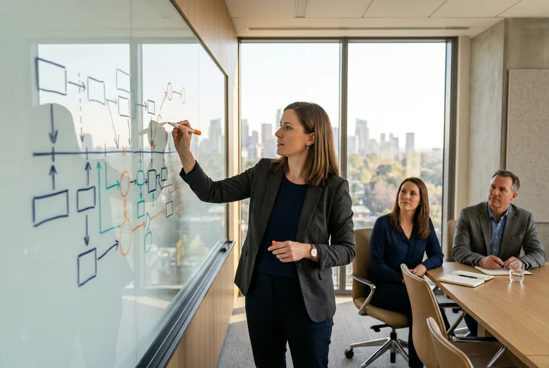 NetSuite implementation lead mapping a OneWorld rollout timeline on a whiteboard with finance stakeholders