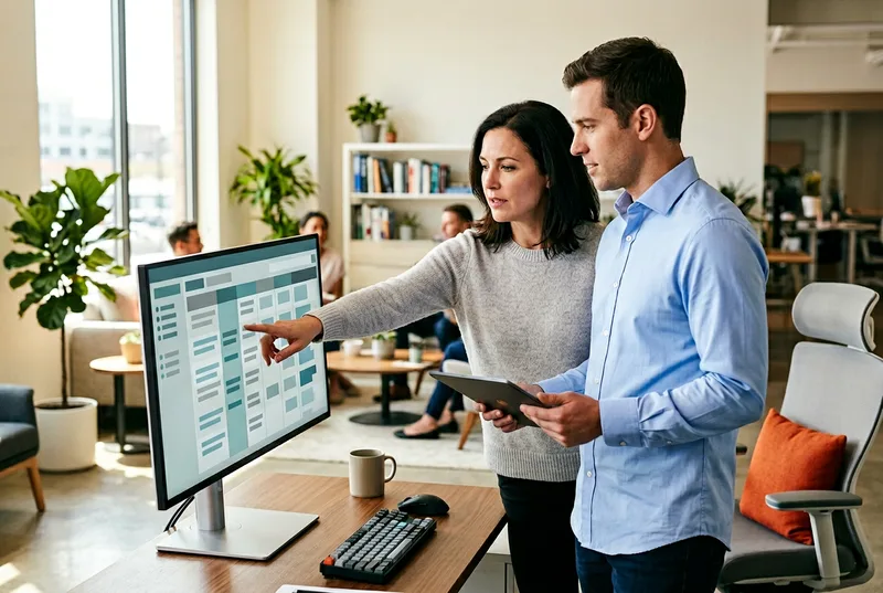 NetSuite functional consultant and administrator walking through a saved search configuration with a controller on a large screen