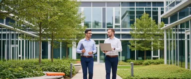 Two ERP consultants at tech campus discussing NetSuite layoffs 2026 and career options