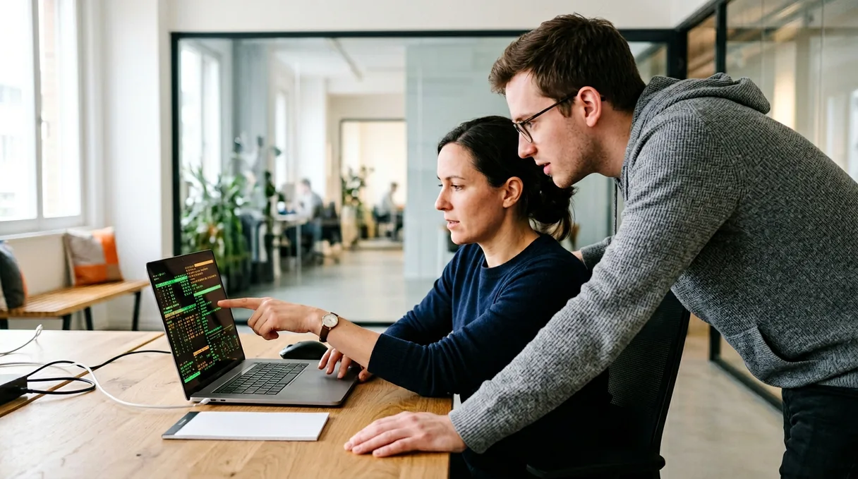 Two network engineers reviewing Cisco and Juniper router configuration on a laptop