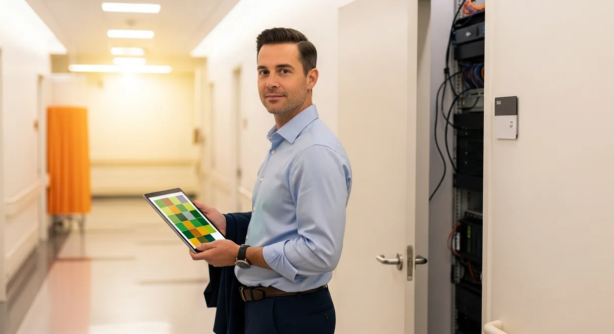 Healthcare IT network engineer with tablet checking telecom closet status in a hospital corridor