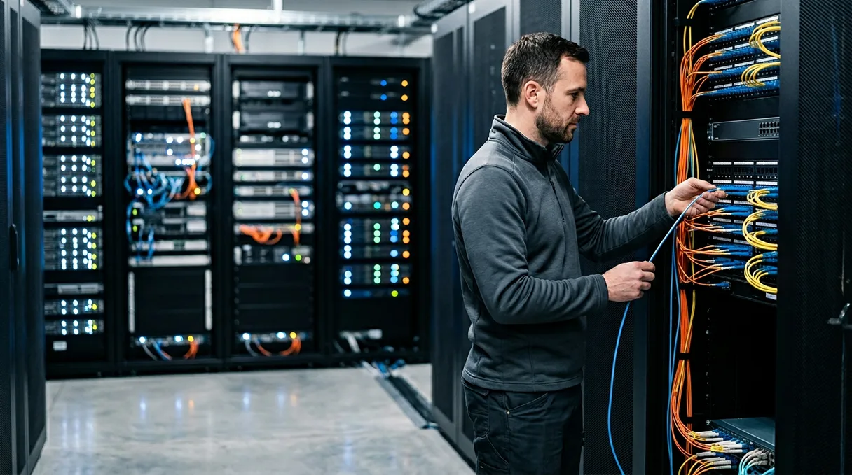 Network engineer holding console cable at fiber patch panel inside a production data center rack