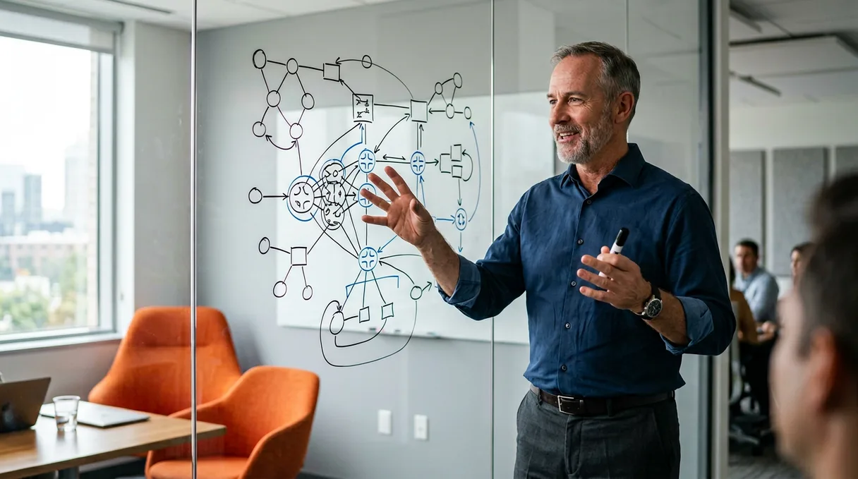 Senior network engineer explaining BGP and OSPF routing topology at a glass whiteboard