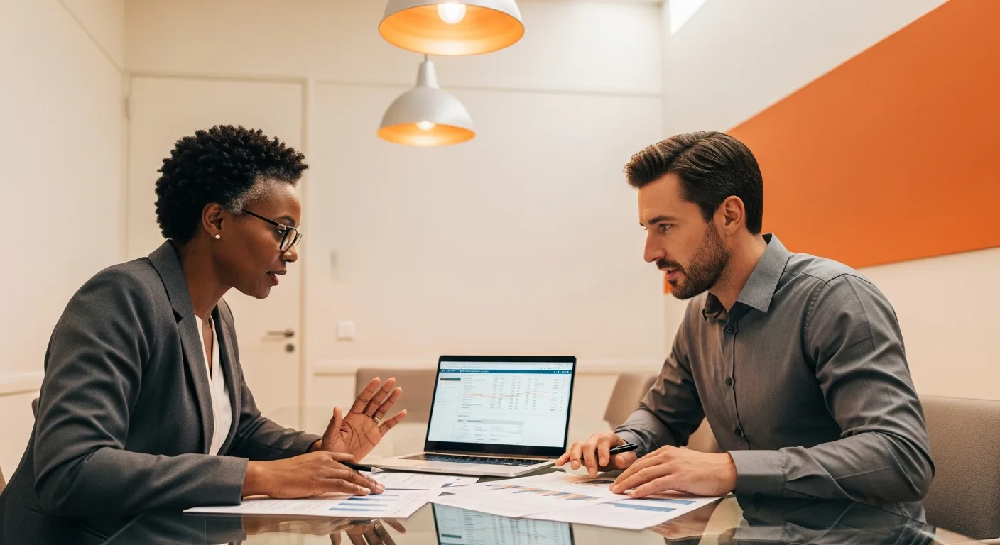 Nonprofit CFO and payroll specialist reviewing Form 990 audit documentation at conference table