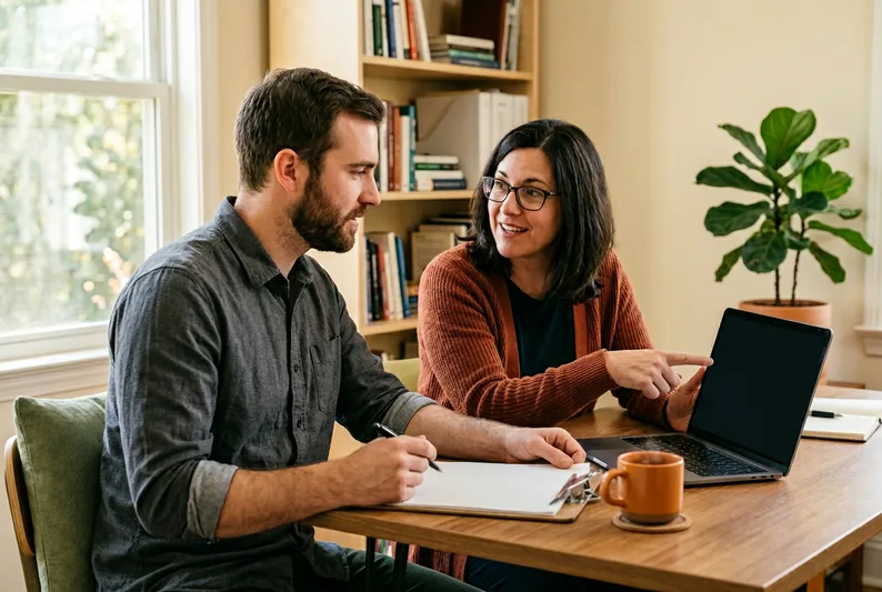 Two nonprofit staff members collaborating at a shared desk, one holding a project clipboard, laptop open with grant management dashboard