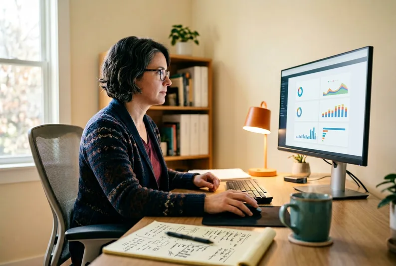 Nonprofit fundraising staff member working in Raiser's Edge NXT donor database with handwritten grant notes on desk