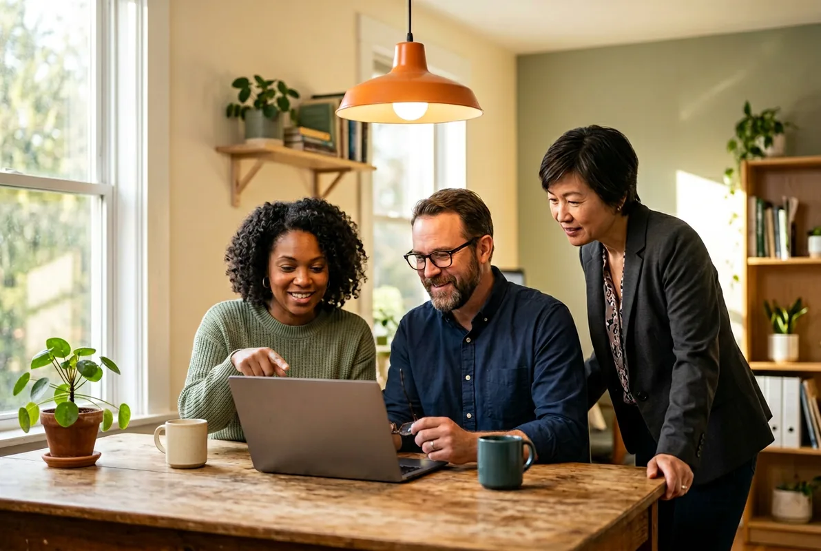 Small nonprofit technology team reviewing donor CRM dashboard on a laptop in a warmly lit office, KORE1 nonprofit IT staffing