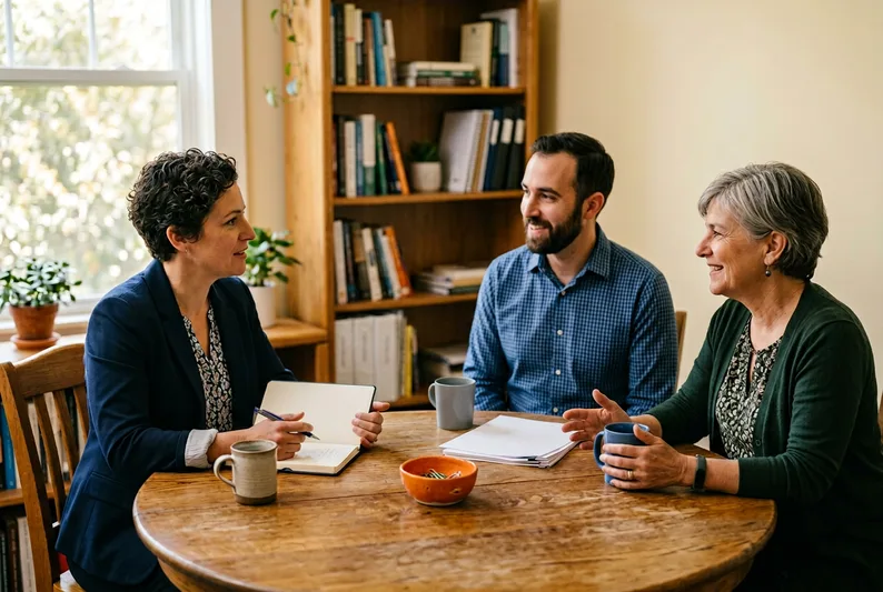 KORE1 recruiter meeting with nonprofit executive director and program manager at a round table, coffee mugs and planning notes visible