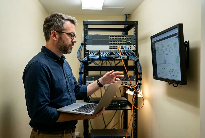 Nonprofit IT administrator reviewing server racks and network monitoring screens in a small organization's on-site data closet