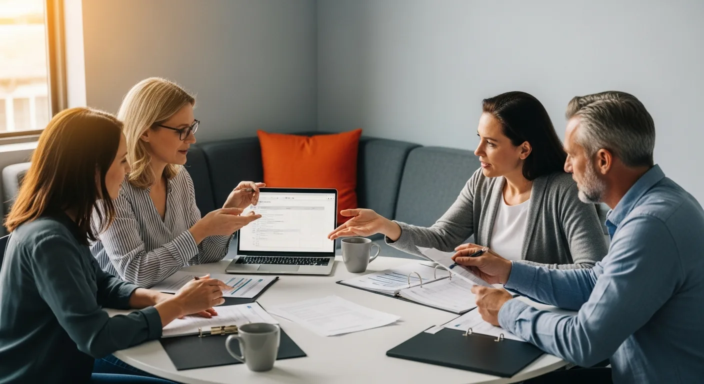 Nonprofit finance team reviewing grant allocation and payroll reports at conference table