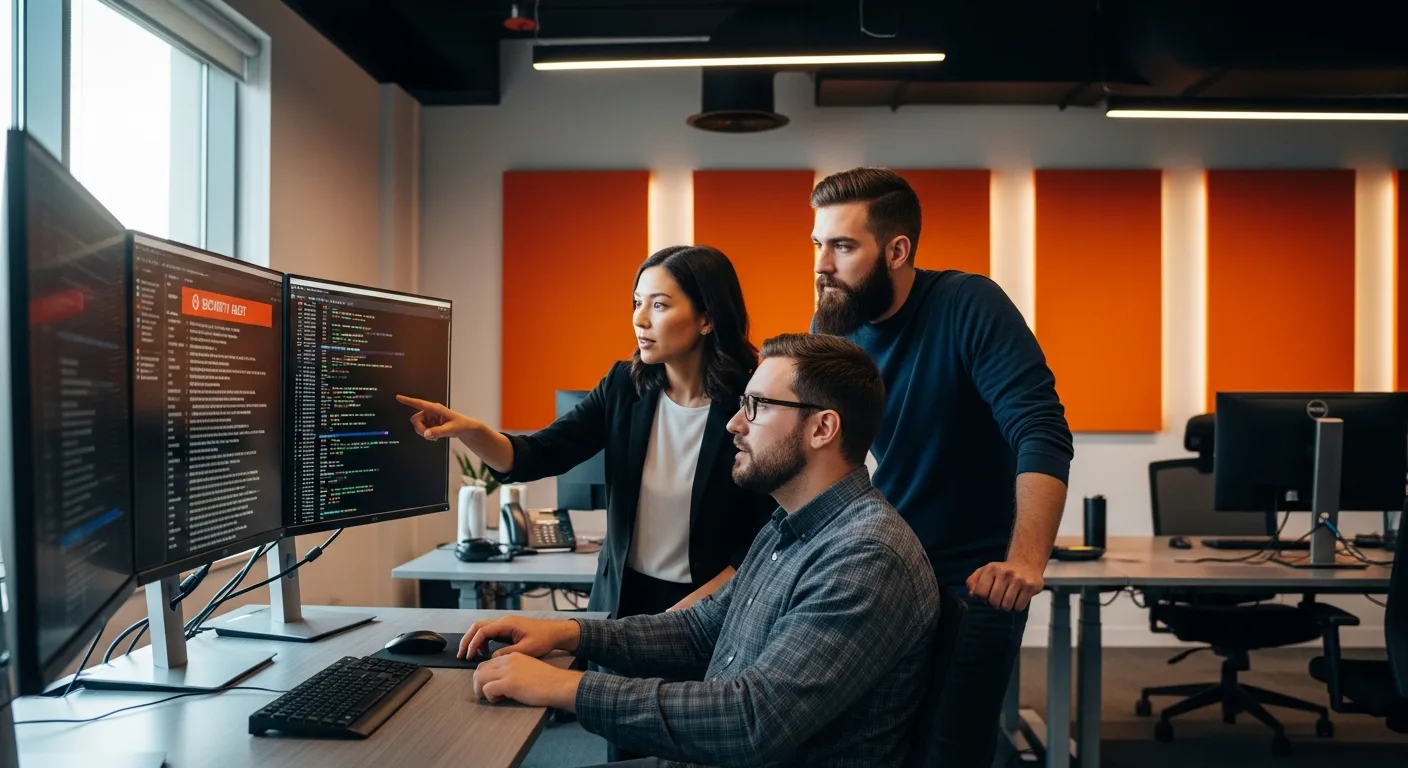 Software development team responding to npm supply chain attack security alert in modern office