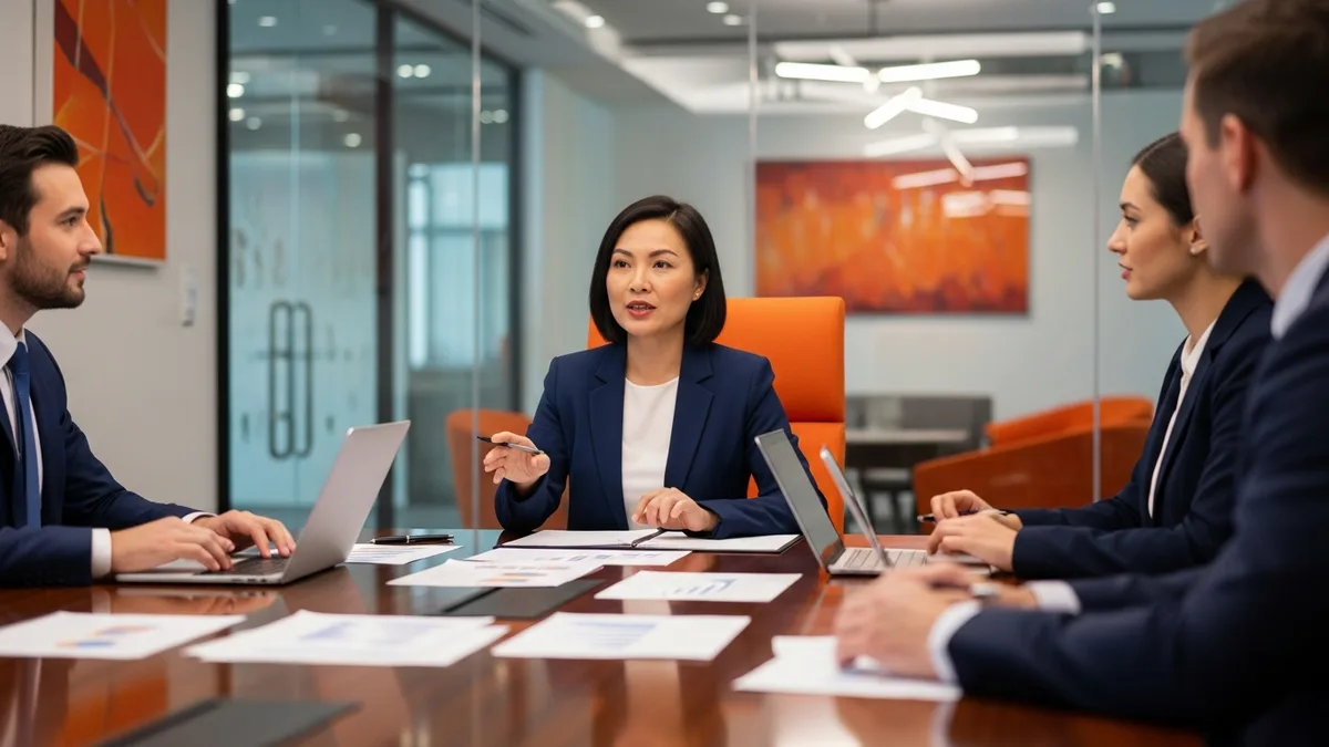 CIO and executives evaluating IT delivery models and staffing options in modern boardroom