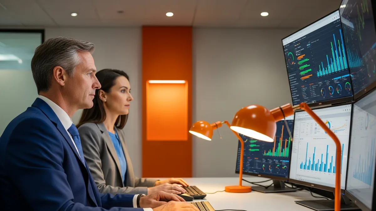 CFO and procurement director reviewing services procurement spend and SOW dashboards