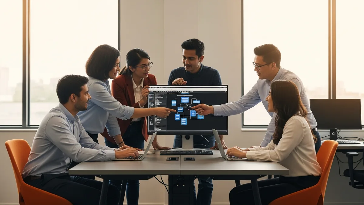 Cross-functional managed software delivery pod of five engineers collaborating around architecture diagram