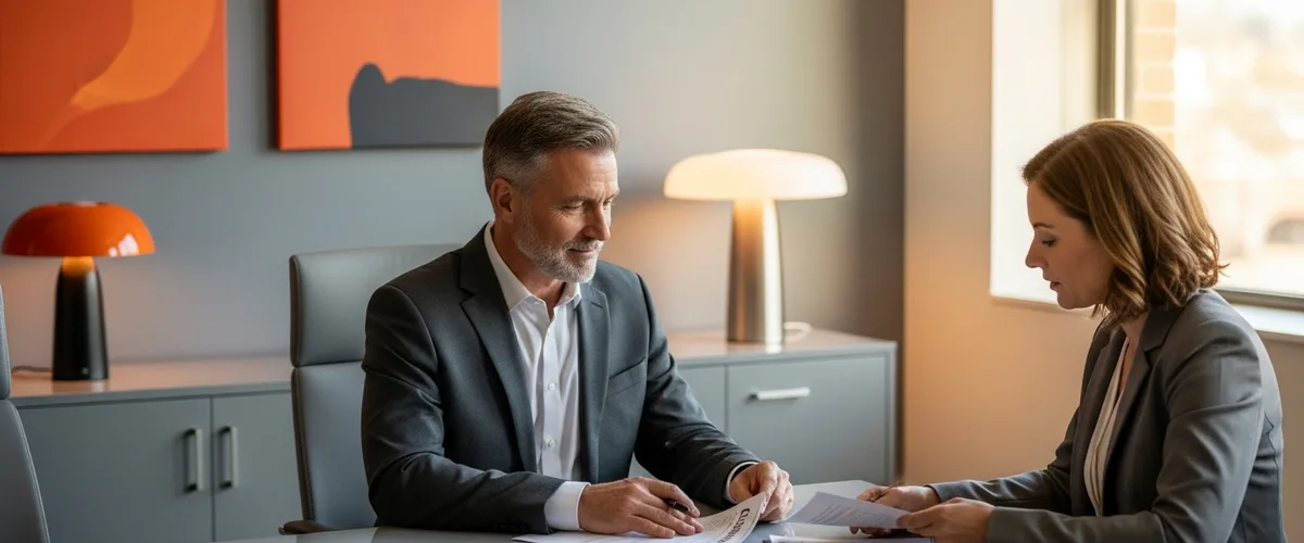 Senior IT executive reviewing outcome-based delivery contract with staffing partner at conference table