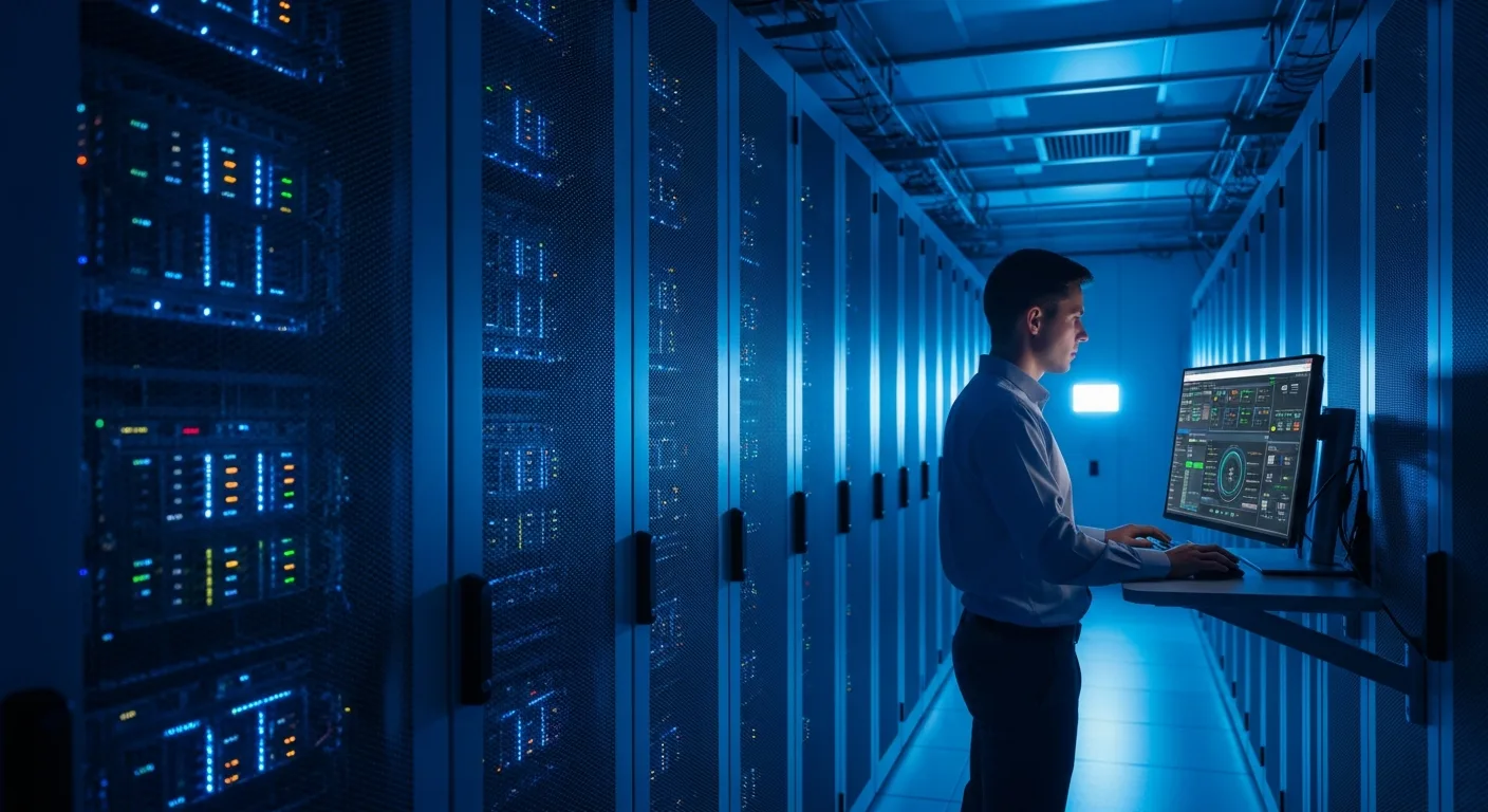 OCI cloud engineer working in a modern data center server room reviewing infrastructure dashboards