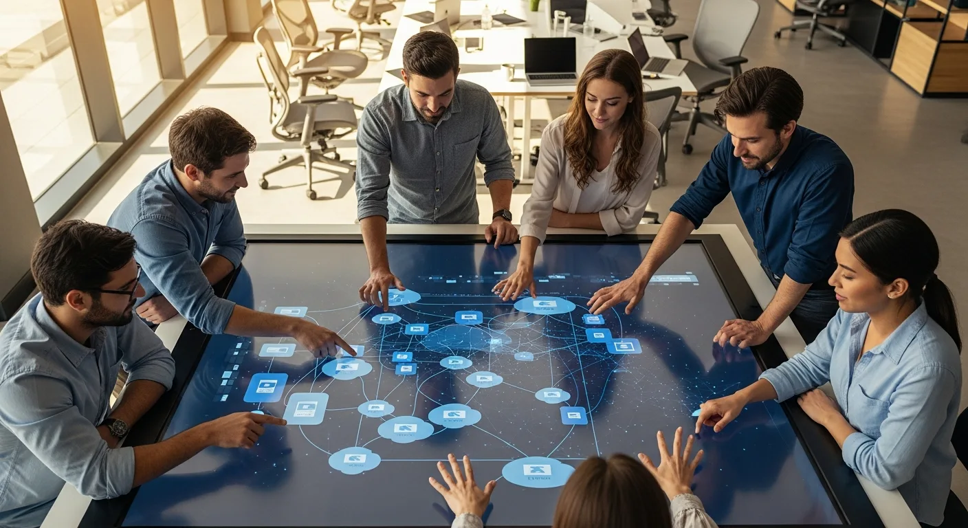 Cloud engineering team collaborating on multi-cloud architecture design at a modern tech office