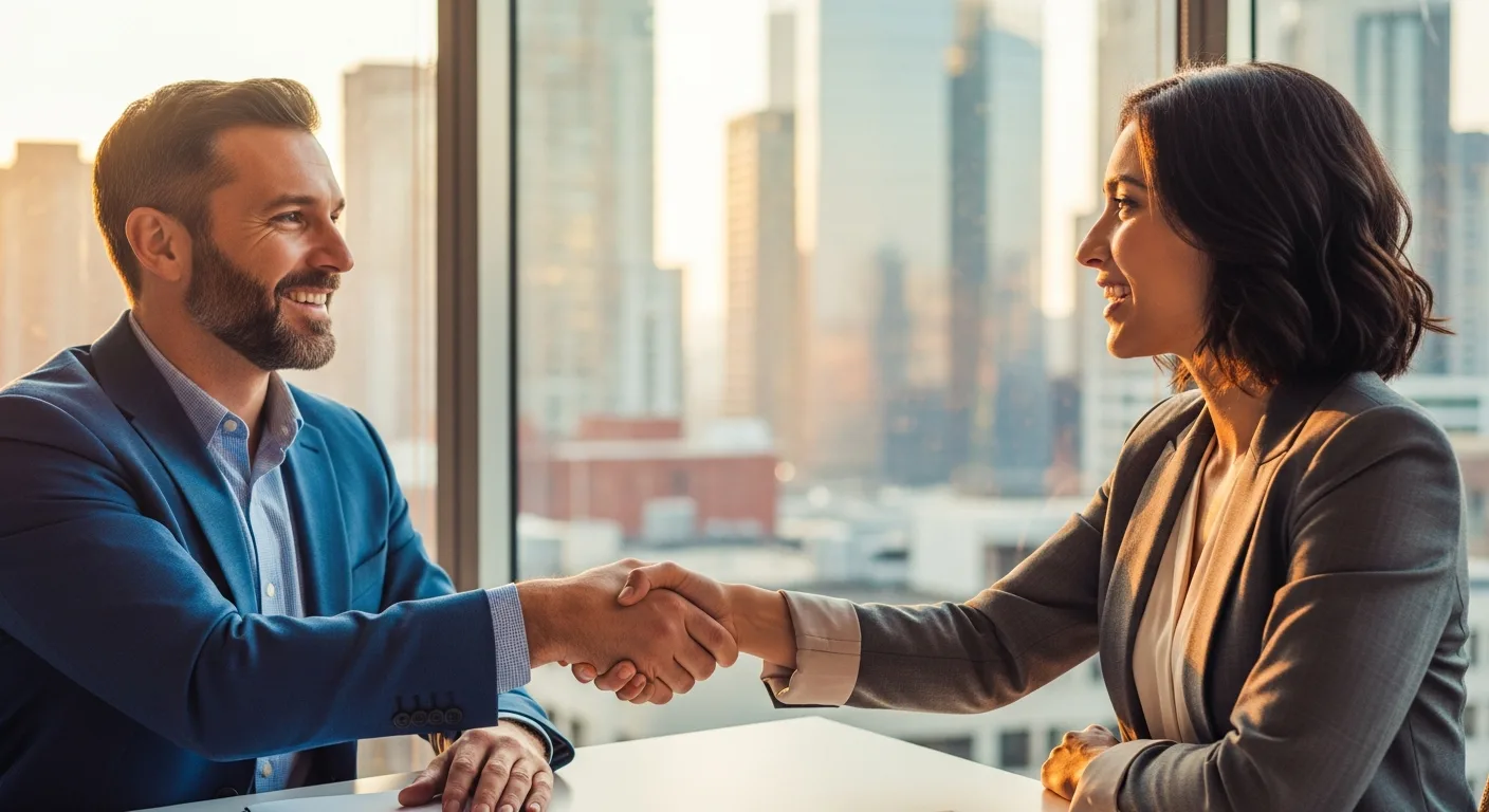 Hiring manager shaking hands with an Oracle cloud engineer candidate during a job interview