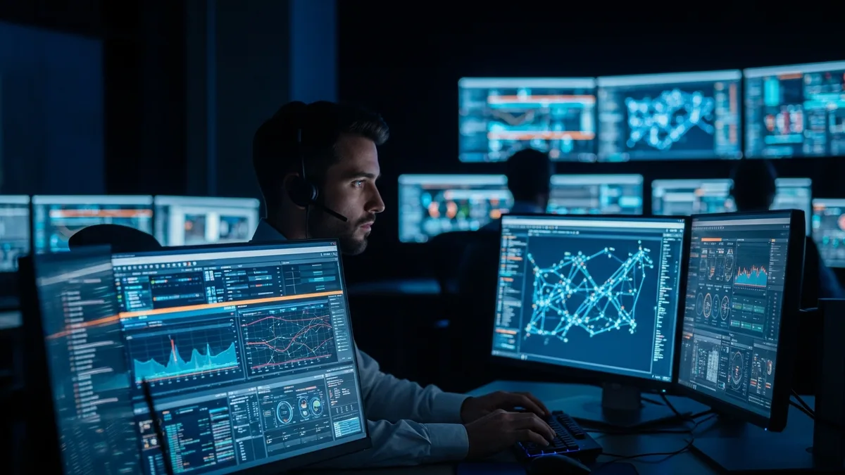 Oracle cybersecurity operations center with security analyst monitoring dashboards