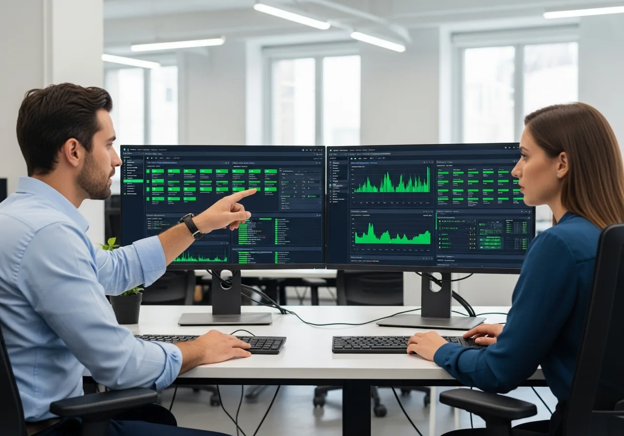 Two Oracle database administrators collaborating at dual monitors showing RAC cluster configuration