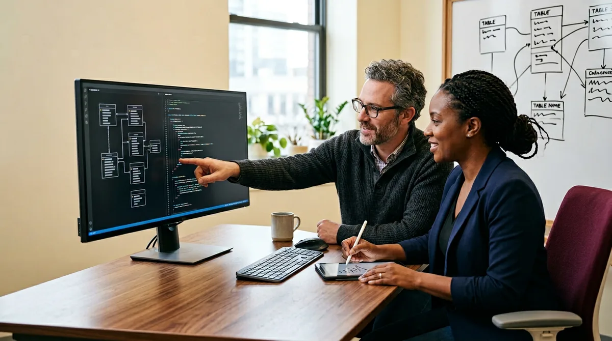 Two senior Oracle engineers pair-reviewing PL/SQL stored procedure logic and a database schema diagram on a shared monitor