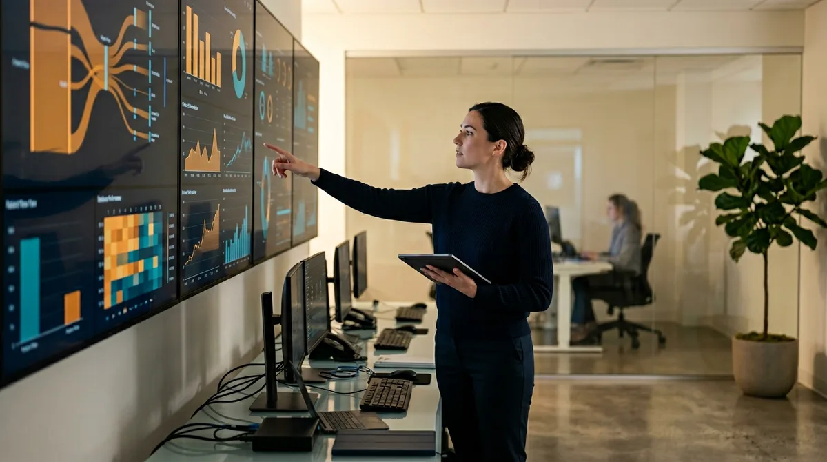 Healthcare IT data engineer reviewing patient flow analytics and Oracle database performance dashboards in a modern hospital data operations room