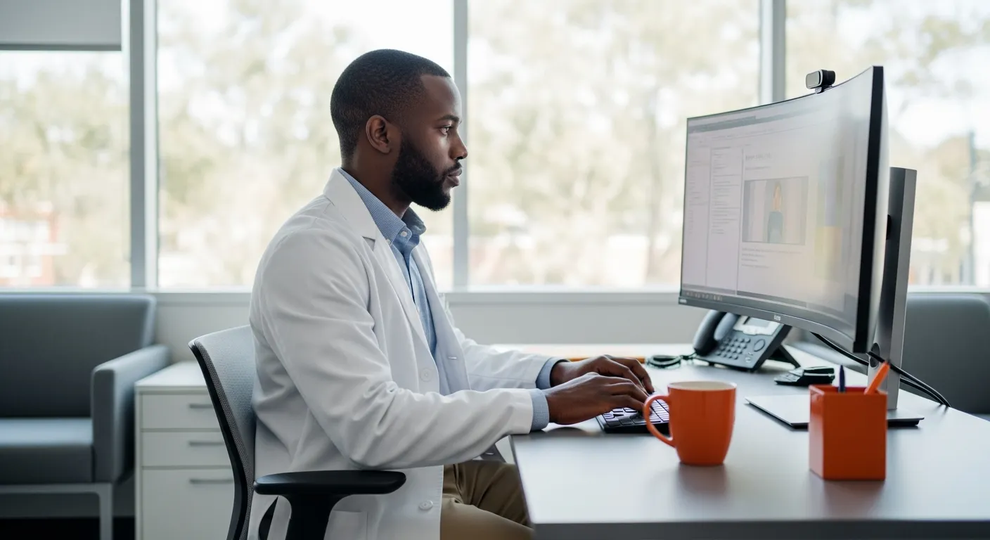 Clinical informatics specialist reviewing patient data systems at hospital workstation