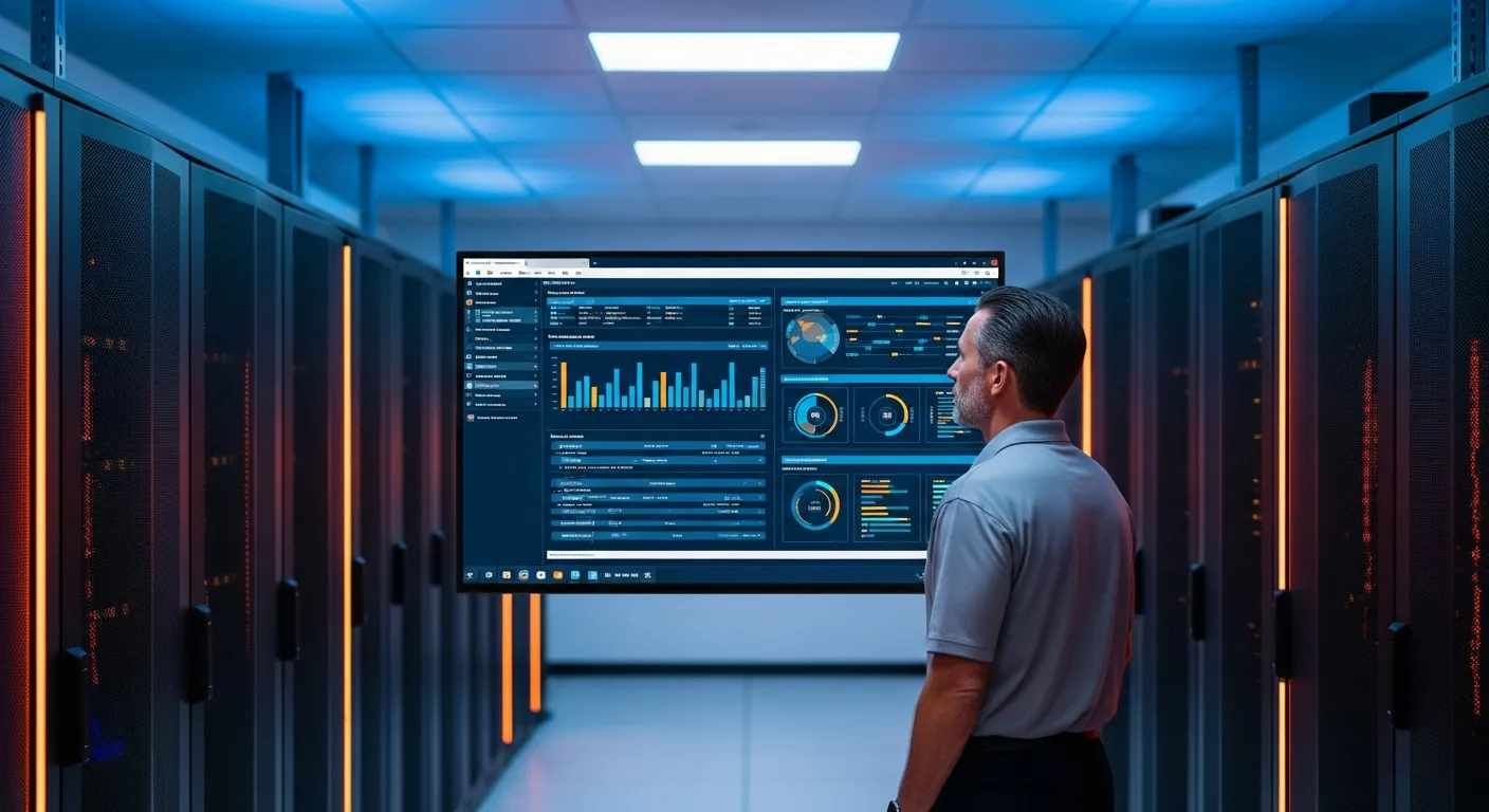 Healthcare data center with EHR dashboard analytics and server infrastructure monitoring